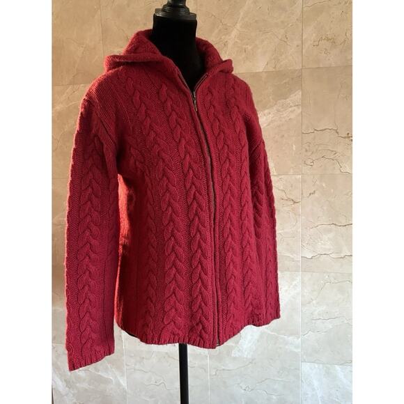 VTG Irelandseye Zip Hooded Irish Wool Cableknit Sweater - M, Red, Christmas Gift - Picture 2 of 8